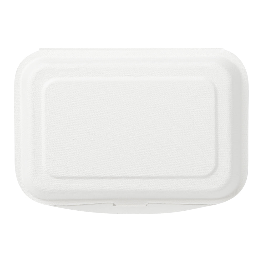 Pulp Safe No PFAS Added 20 oz White Sugarcane / Bagasse Clamshell Container - Home Compostable - 7 1/4" x 5 1/2" x 2 1/2" - 100 count box