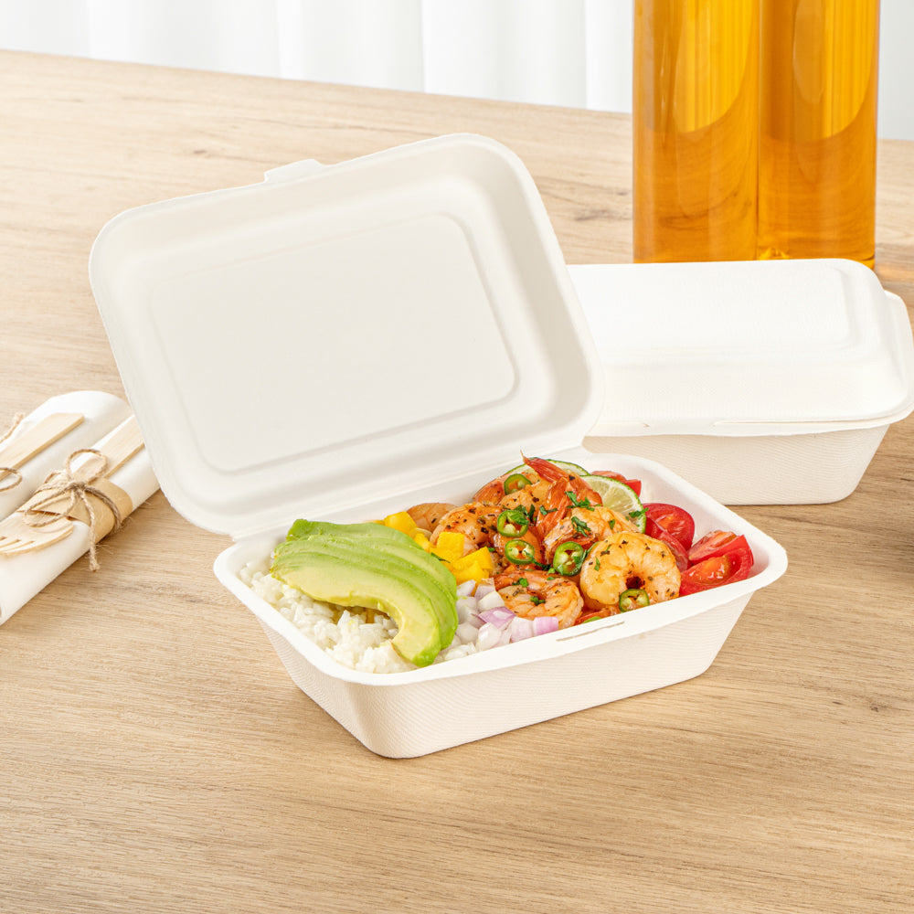Pulp Safe No PFAS Added 20 oz White Sugarcane / Bagasse Clamshell Container - Home Compostable - 7 1/4" x 5 1/2" x 2 1/2" - 100 count box