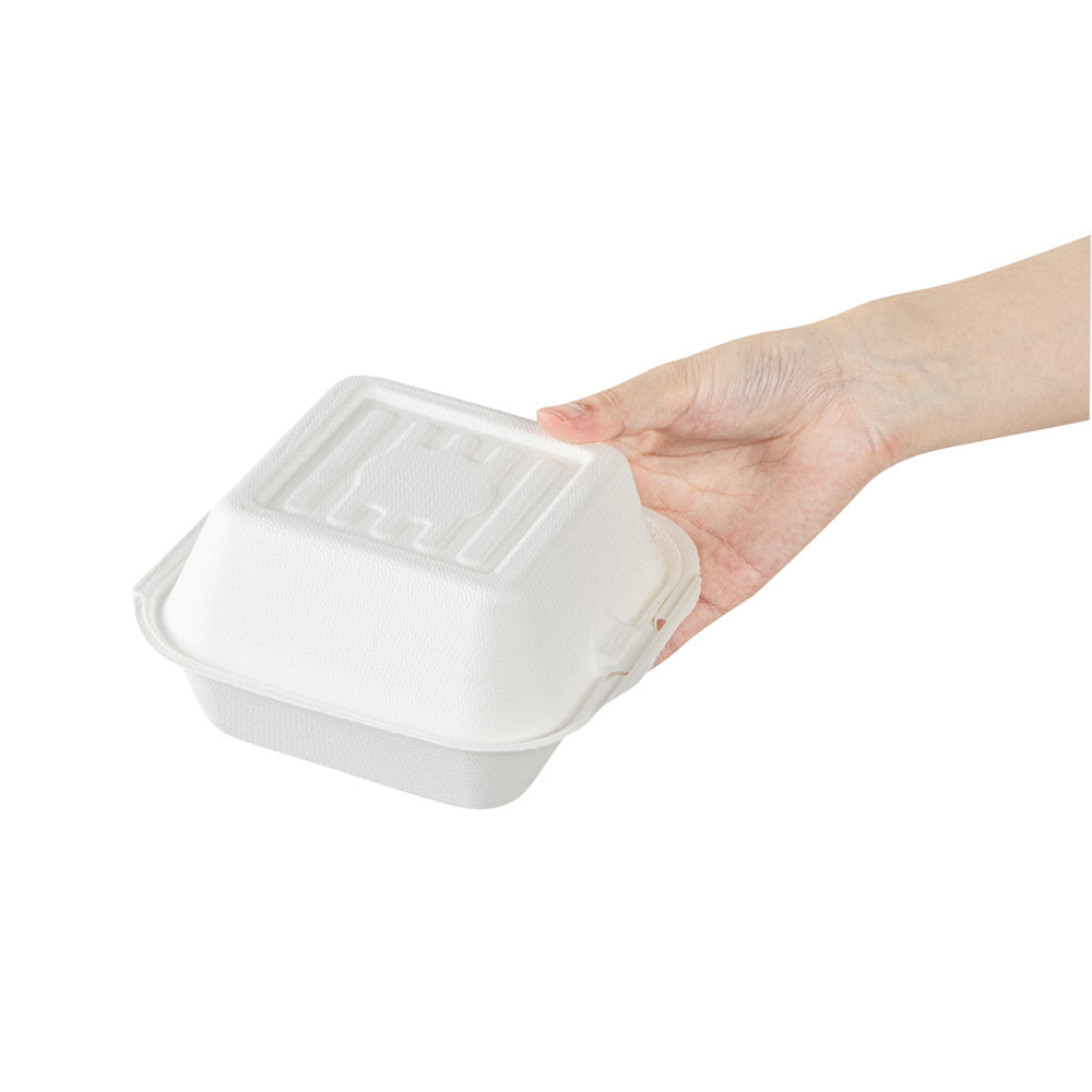 Pulp Safe No PFAS Added 15 oz Square White Sugarcane / Bagasse Clamshell Container - Home Compostable - 6" x 6" x 3" - 100 count box