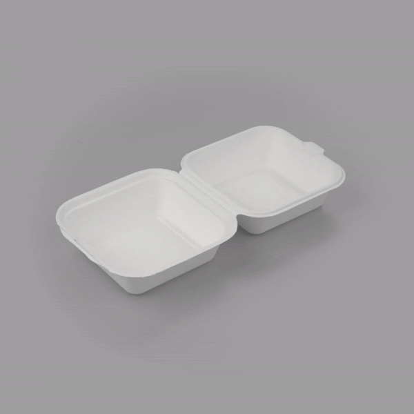 Pulp Safe No PFAS Added 15 oz Square White Sugarcane / Bagasse Clamshell Container - Home Compostable - 6" x 6" x 3" - 100 count box