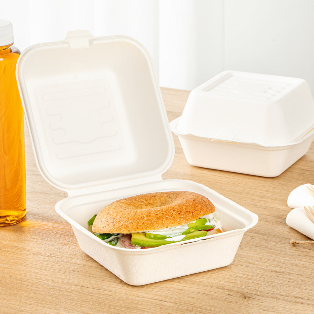 Pulp Safe No PFAS Added 15 oz Square White Sugarcane / Bagasse Clamshell Container - Home Compostable - 6" x 6" x 3" - 100 count box
