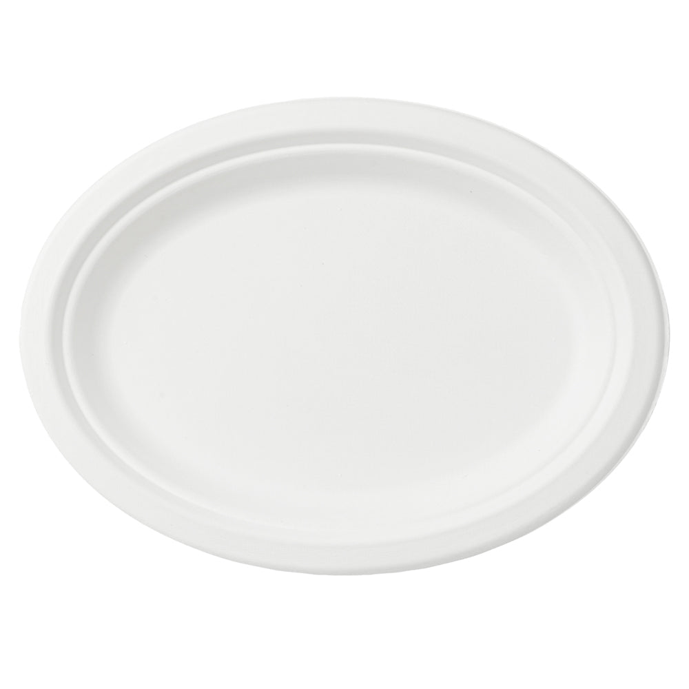 Pulp Safe No PFAS Added Oval White Sugarcane / Bagasse Medium Plate - Home Compostable - 10 1/2" x 7 3/4" x 3/4" - 100 count box