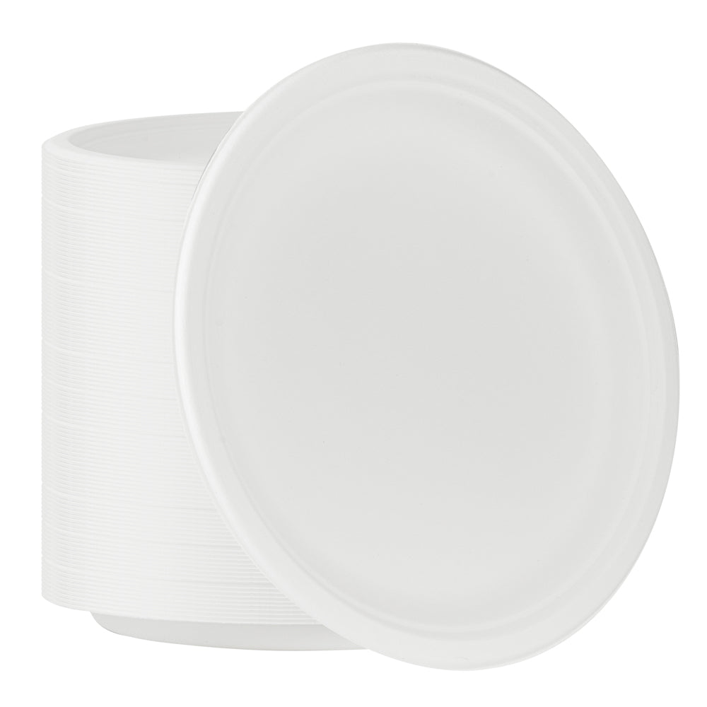 Pulp Safe No PFAS Added Round White Sugarcane / Bagasse Large Plate - Home Compostable - 10 1/4" x 10 1/4" x 3/4" - 100 count box