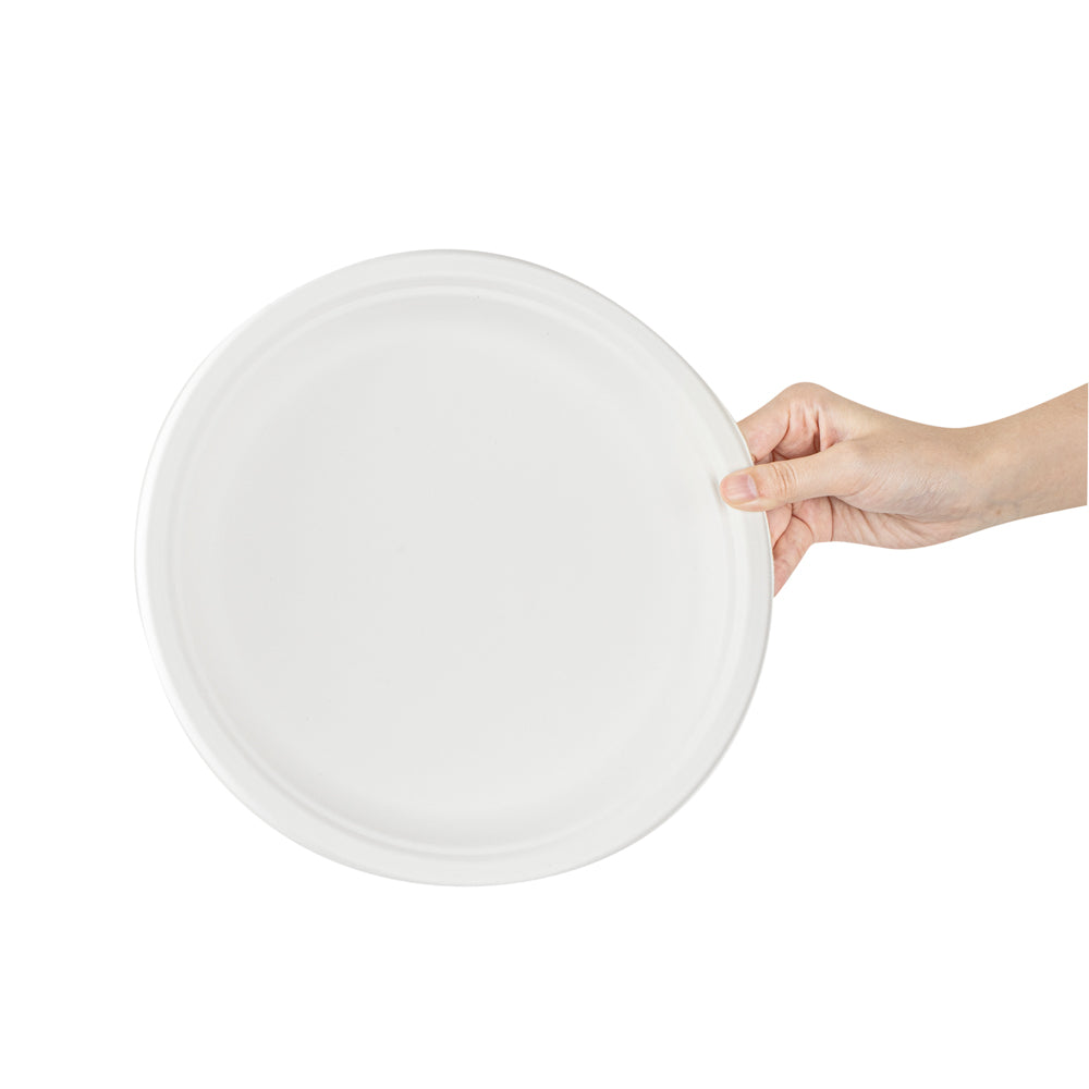 Pulp Safe No PFAS Added Round White Sugarcane / Bagasse Large Plate - Home Compostable - 10 1/4" x 10 1/4" x 3/4" - 100 count box