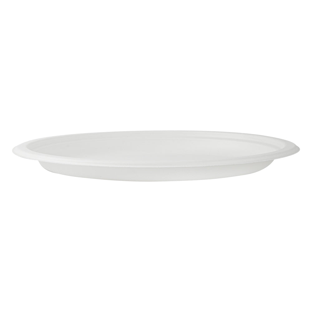 Pulp Safe No PFAS Added Round White Sugarcane / Bagasse Large Plate - Home Compostable - 10 1/4" x 10 1/4" x 3/4" - 100 count box