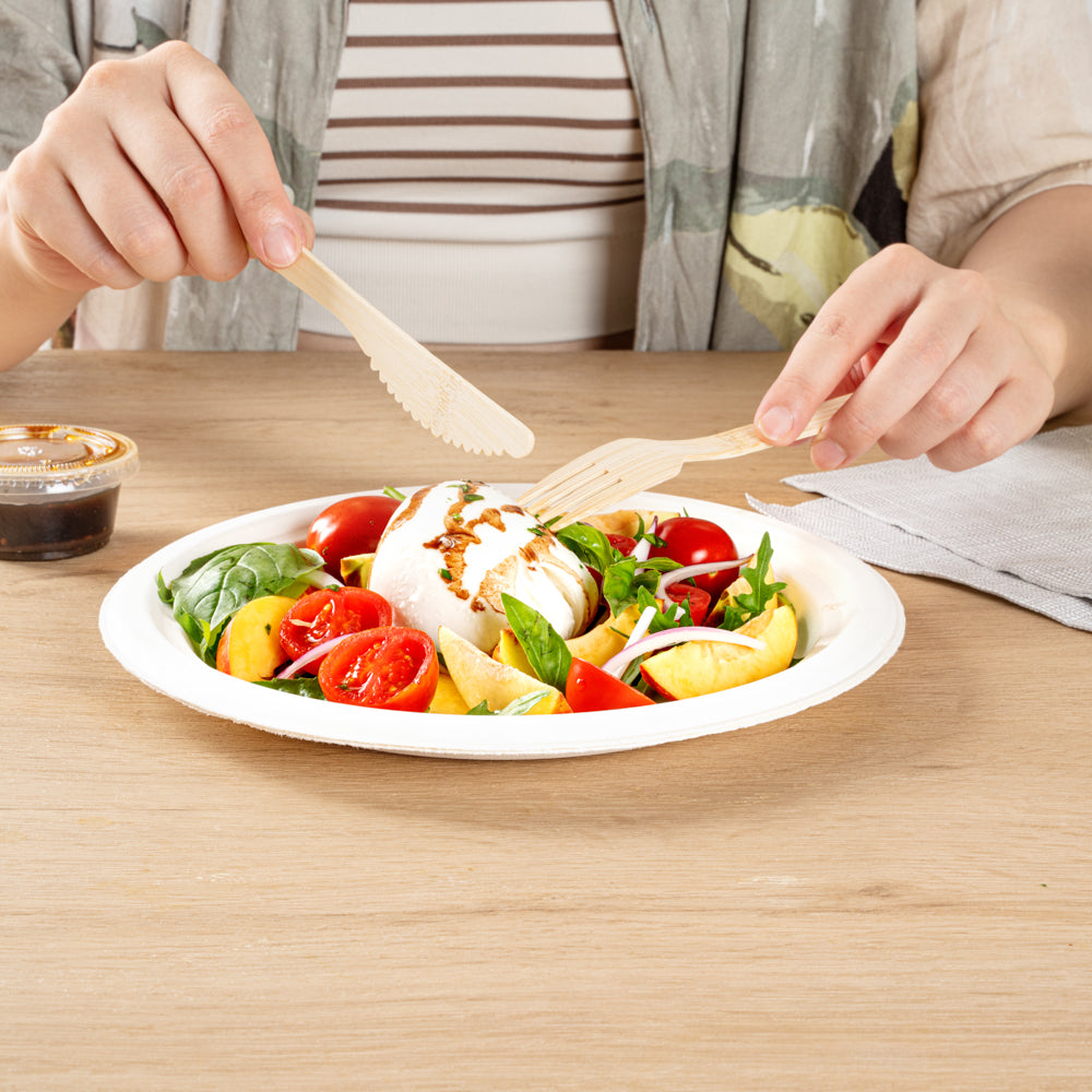 Pulp Safe No PFAS Added Round White Sugarcane / Bagasse Large Plate - Home Compostable - 10 1/4" x 10 1/4" x 3/4" - 100 count box