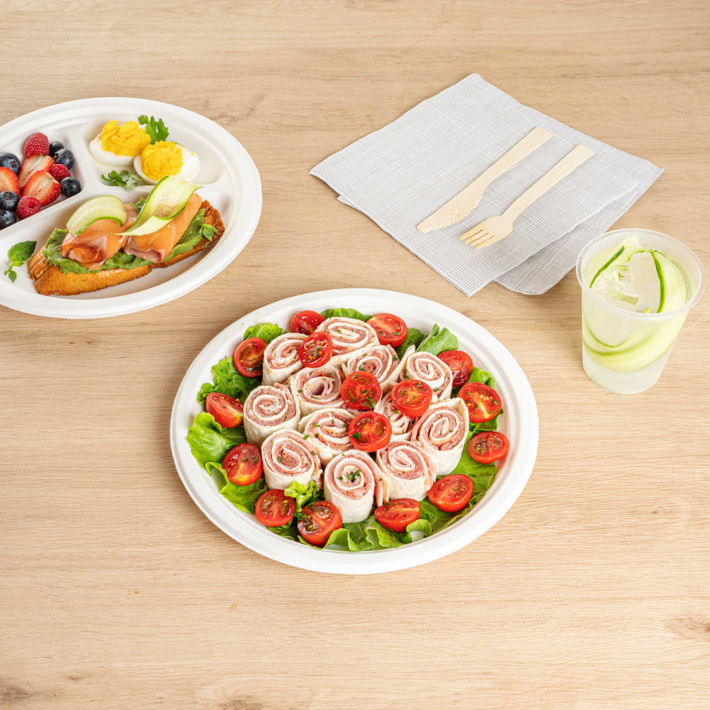 Pulp Safe No PFAS Added Round White Sugarcane / Bagasse Medium Plate - Home Compostable - 8 3/4" x 8 3/4" x 3/4" - 100 count box