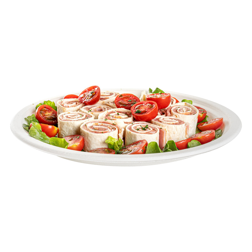 Pulp Safe No PFAS Added Round White Sugarcane / Bagasse Medium Plate - Home Compostable - 8 3/4" x 8 3/4" x 3/4" - 100 count box