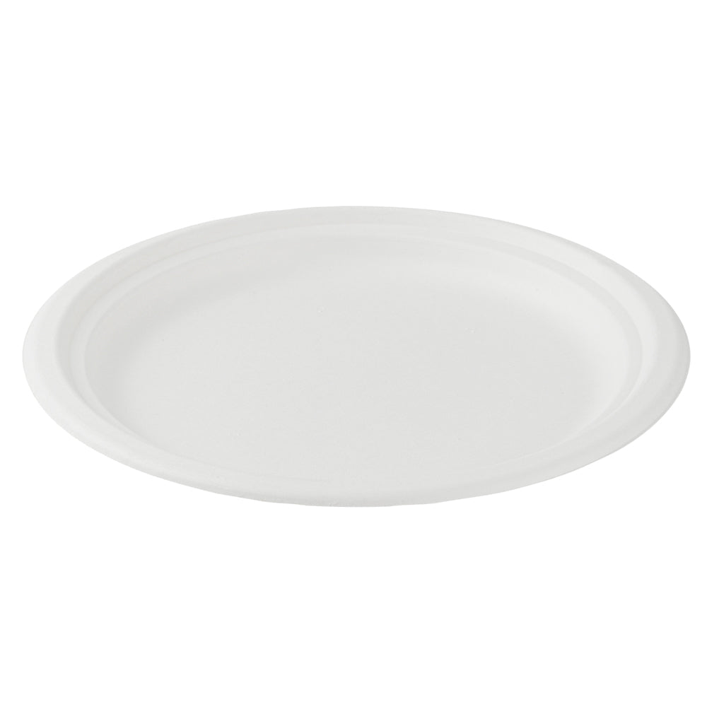 Pulp Safe No PFAS Added Round White Sugarcane / Bagasse Medium Plate - Home Compostable - 8 3/4" x 8 3/4" x 3/4" - 100 count box