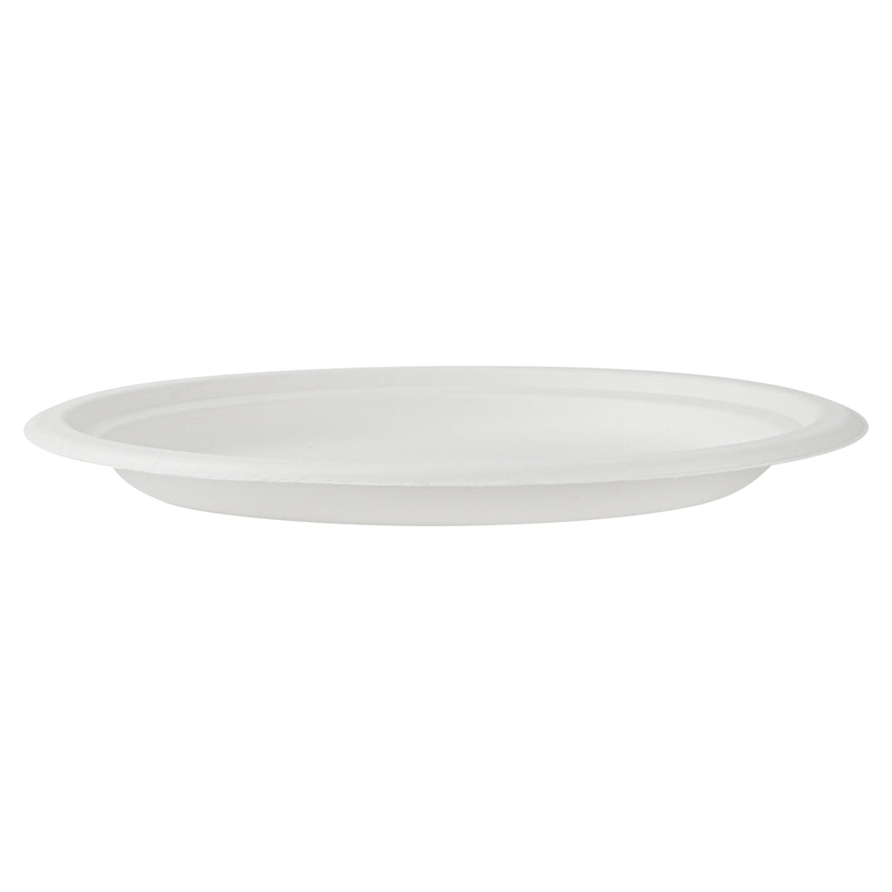 Pulp Safe No PFAS Added Round White Sugarcane / Bagasse Medium Plate - Home Compostable - 8 3/4" x 8 3/4" x 3/4" - 100 count box