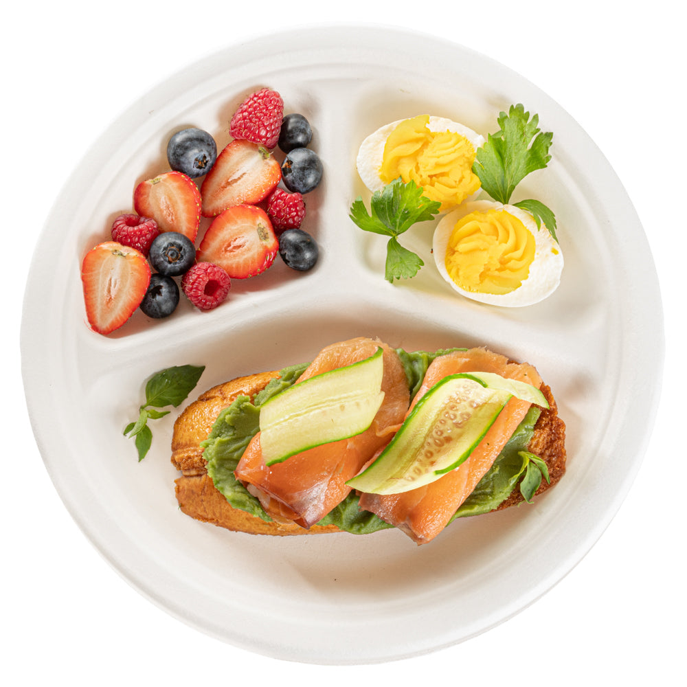 Pulp Safe No PFAS Added White Sugarcane / Bagasse Plate - Home Compostable, 3-Compartment - 10 1/4" x 10 1/4" x 1" - 100 count box