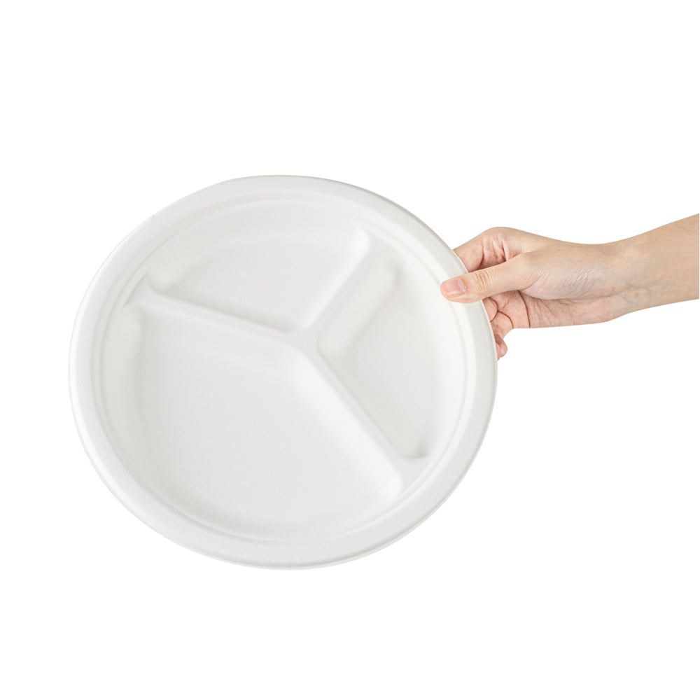 Pulp Safe No PFAS Added White Sugarcane / Bagasse Plate - Home Compostable, 3-Compartment - 10 1/4" x 10 1/4" x 1" - 100 count box