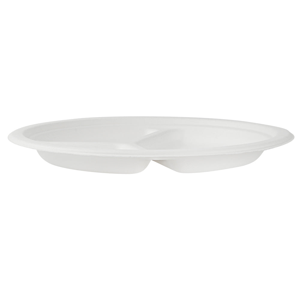 Pulp Safe No PFAS Added White Sugarcane / Bagasse Plate - Home Compostable, 3-Compartment - 10 1/4" x 10 1/4" x 1" - 100 count box