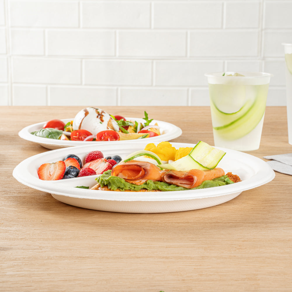 Pulp Safe No PFAS Added White Sugarcane / Bagasse Plate - Home Compostable, 3-Compartment - 10 1/4" x 10 1/4" x 1" - 100 count box