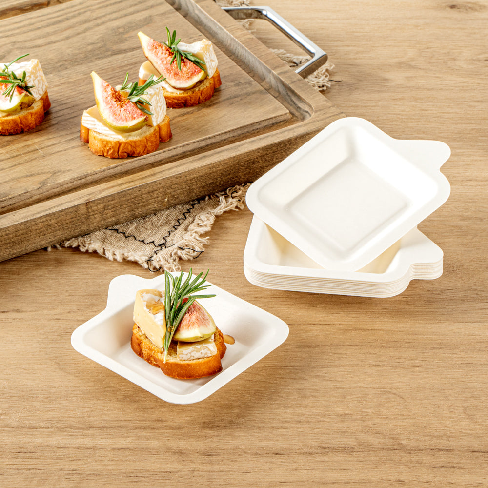 Pulp Safe No PFAS Added Square White Sugarcane / Bagasse Small Plate - Home Compostable - 4 1/4" x 5" x 1/2" - 100 count box