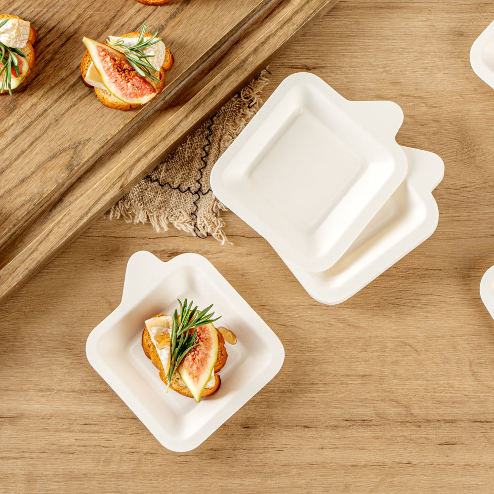 Pulp Safe No PFAS Added Square White Sugarcane / Bagasse Small Plate - Home Compostable - 4 1/4" x 5" x 1/2" - 100 count box