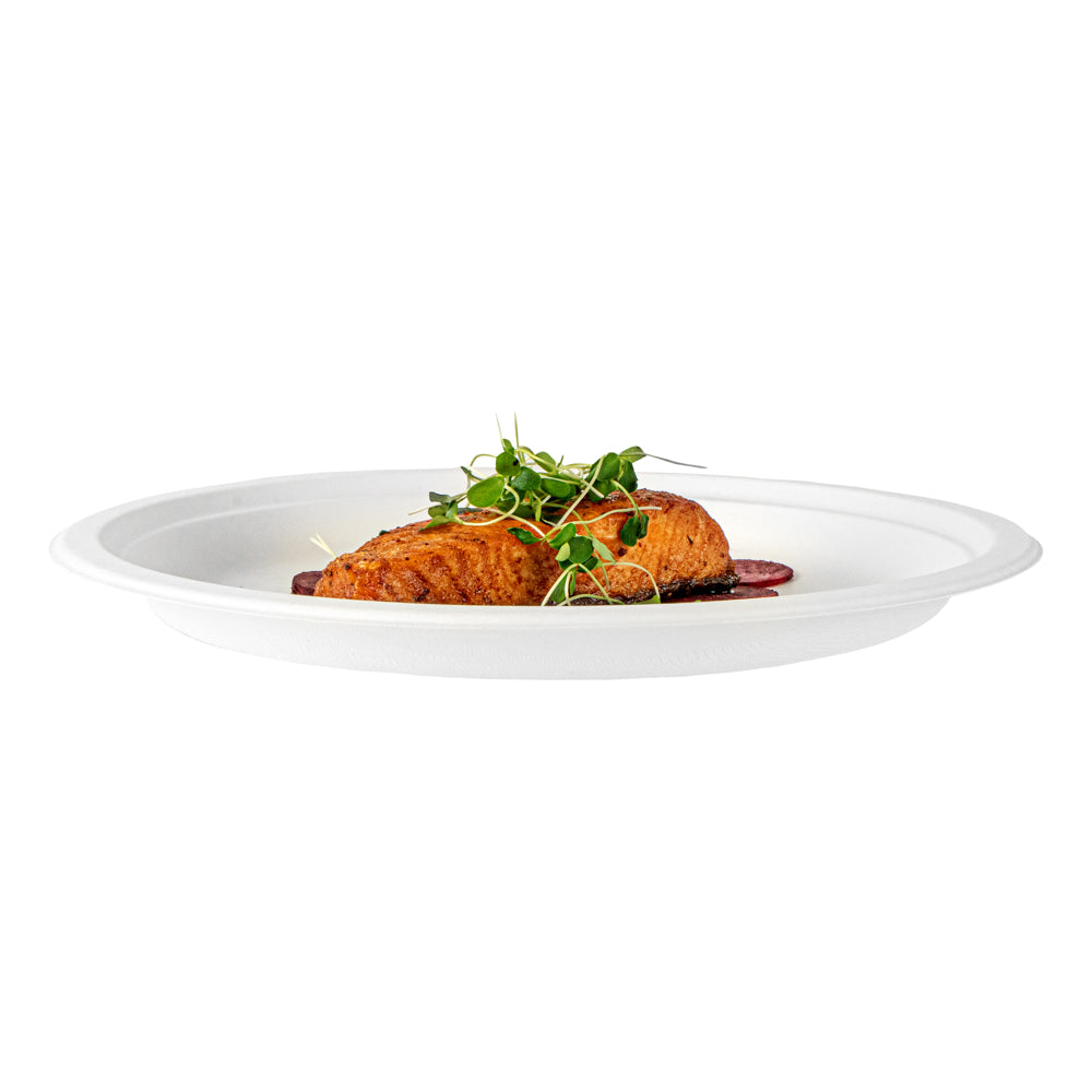 Pulp Safe No PFAS Added Round White Sugarcane / Bagasse Extra Large Plate - Home Compostable - 11 3/4" x 11 3/4" x 1" - 100 count box