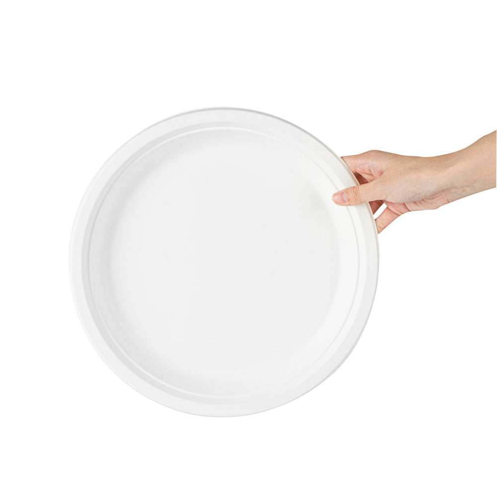 Pulp Safe No PFAS Added Round White Sugarcane / Bagasse Extra Large Plate - Home Compostable - 11 3/4" x 11 3/4" x 1" - 100 count box