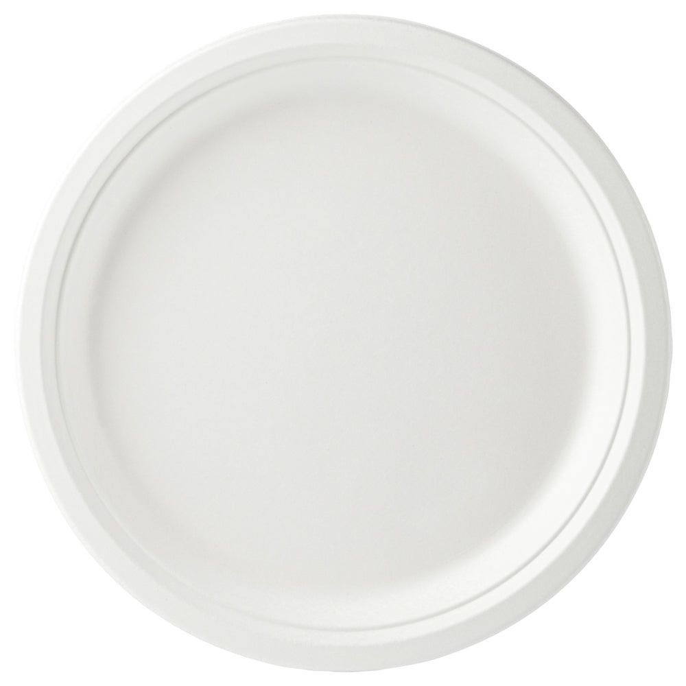 Pulp Safe No PFAS Added Round White Sugarcane / Bagasse Extra Large Plate - Home Compostable - 11 3/4" x 11 3/4" x 1" - 100 count box