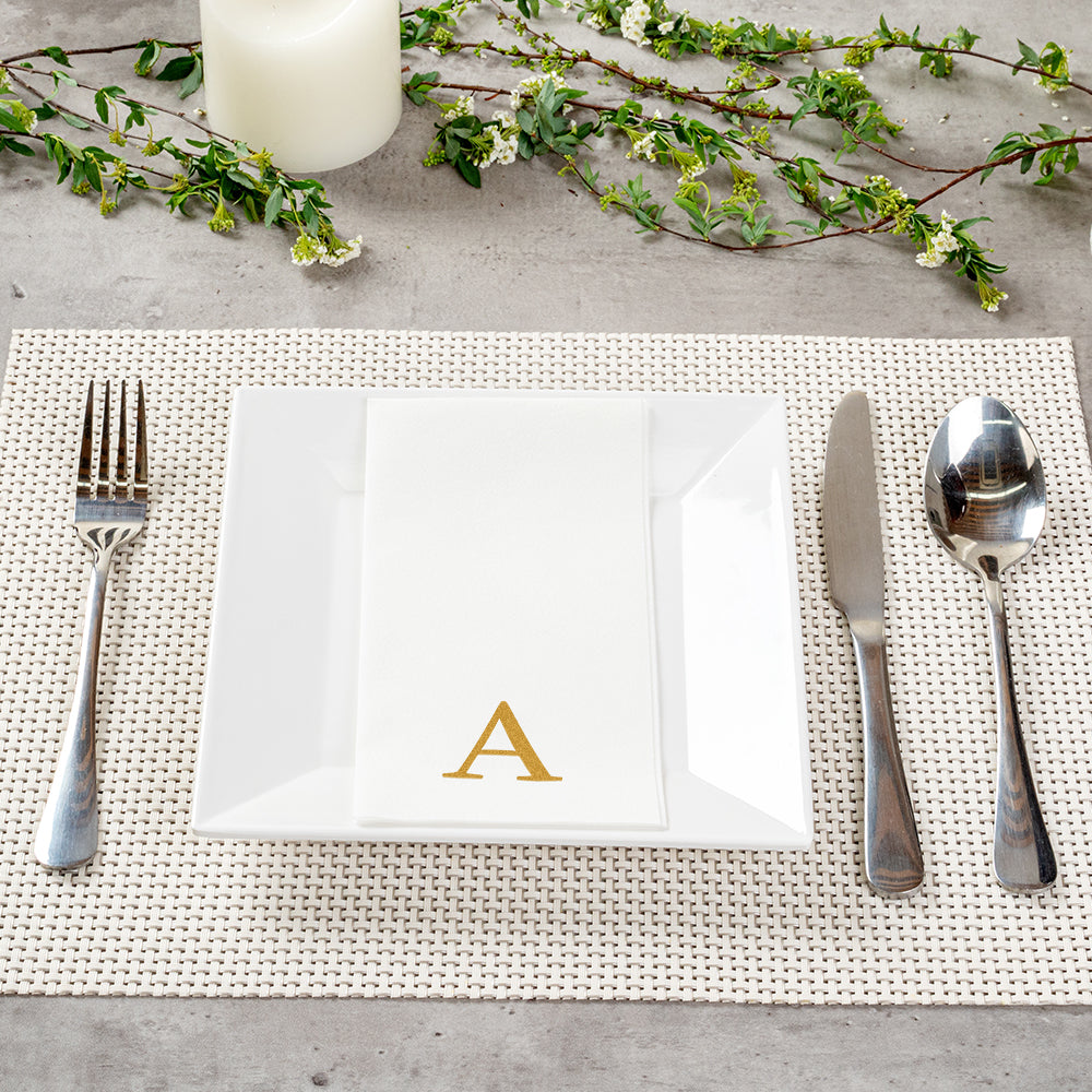Luxenap Rectangle Gold Letter A White Paper Linen-Feel Guest Towel / Napkin - Air Laid, Sans Serif Font - 15 3/4" x 8" - 50 count box