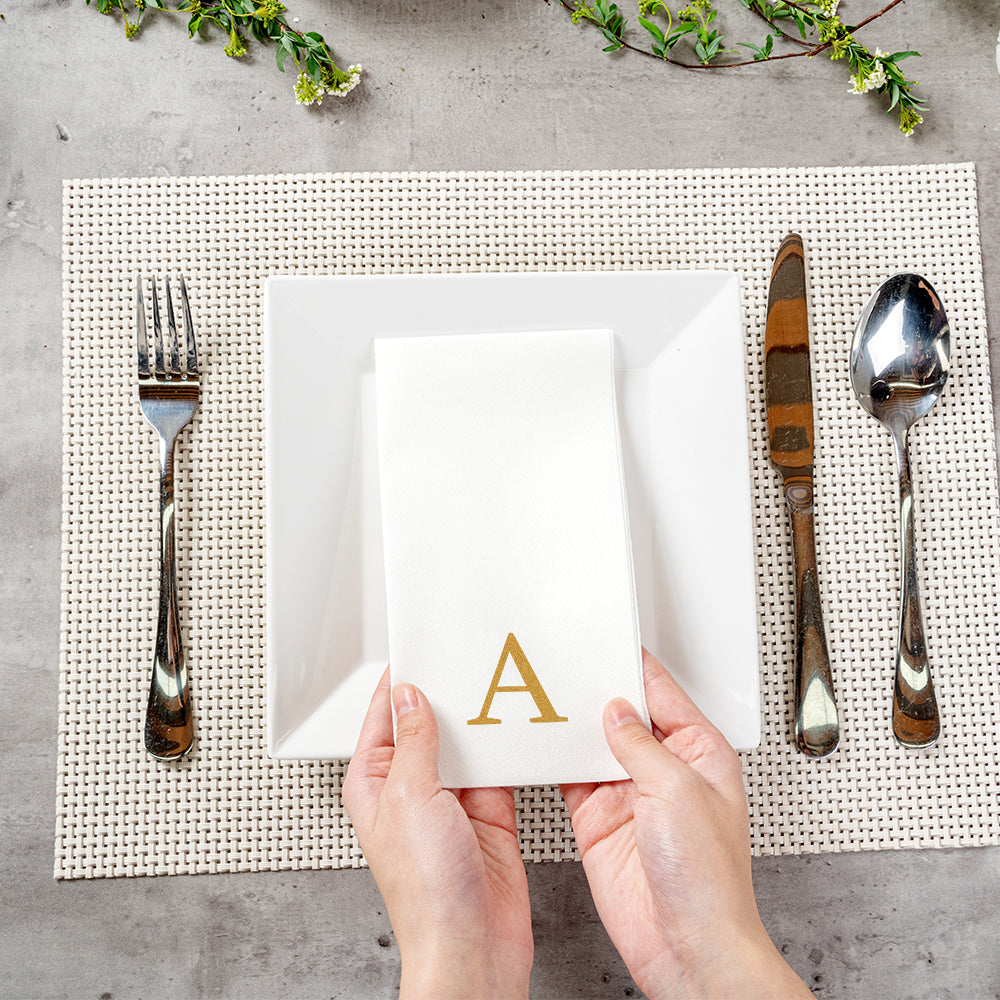 Luxenap Rectangle Gold Letter A White Paper Linen-Feel Guest Towel / Napkin - Air Laid, Sans Serif Font - 15 3/4" x 8" - 50 count box