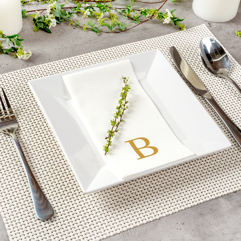 Luxenap Rectangle Gold Letter B White Paper Linen-Feel Guest Towel / Napkin - Air Laid, Sans Serif Font - 15 3/4" x 8" - 50 count box