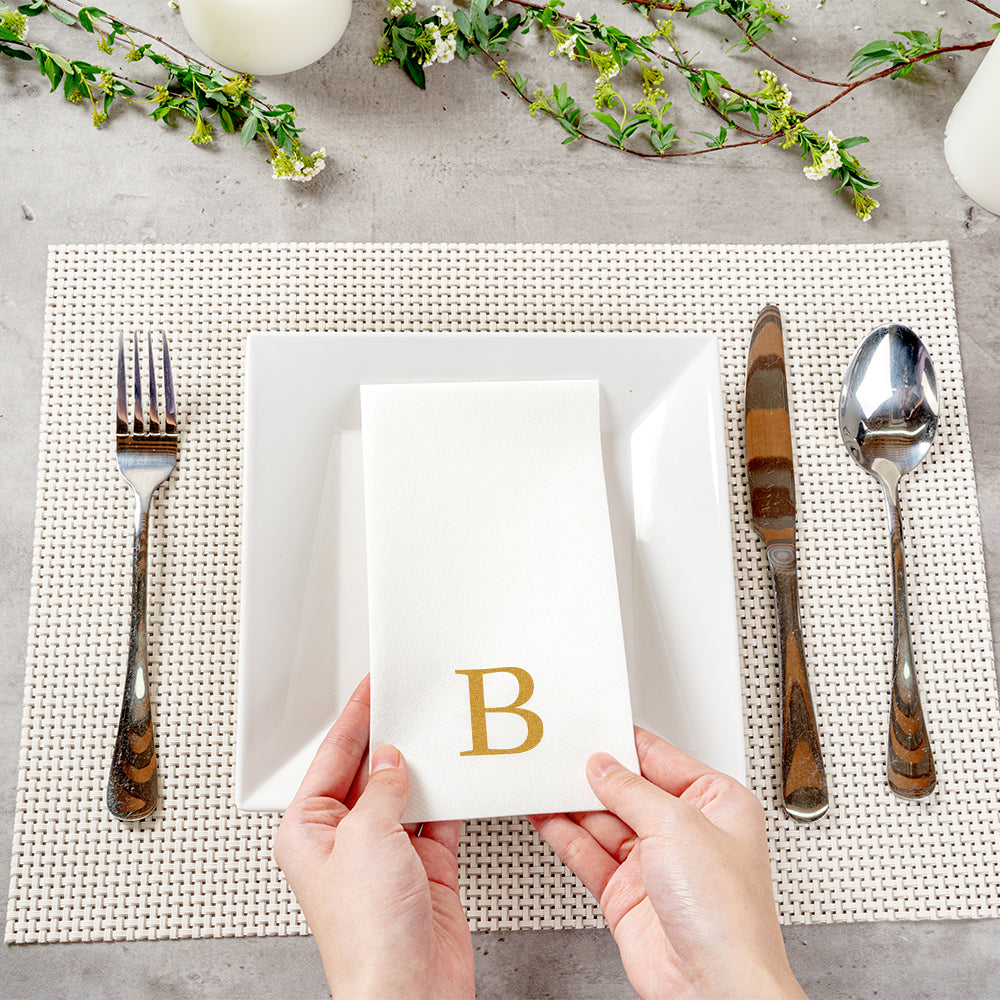 Luxenap Rectangle Gold Letter B White Paper Linen-Feel Guest Towel / Napkin - Air Laid, Sans Serif Font - 15 3/4" x 8" - 50 count box