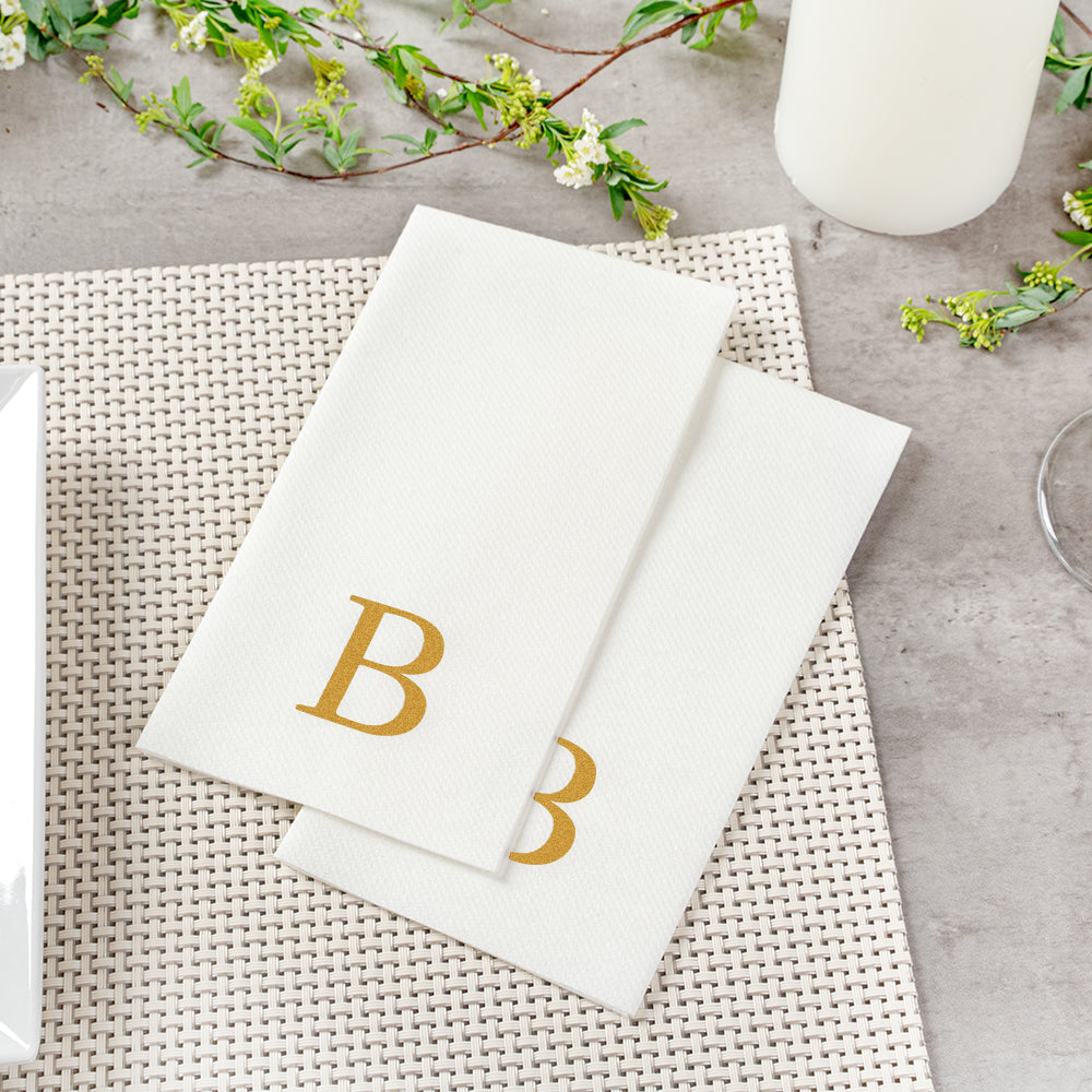 Luxenap Rectangle Gold Letter B White Paper Linen-Feel Guest Towel / Napkin - Air Laid, Sans Serif Font - 15 3/4" x 8" - 50 count box
