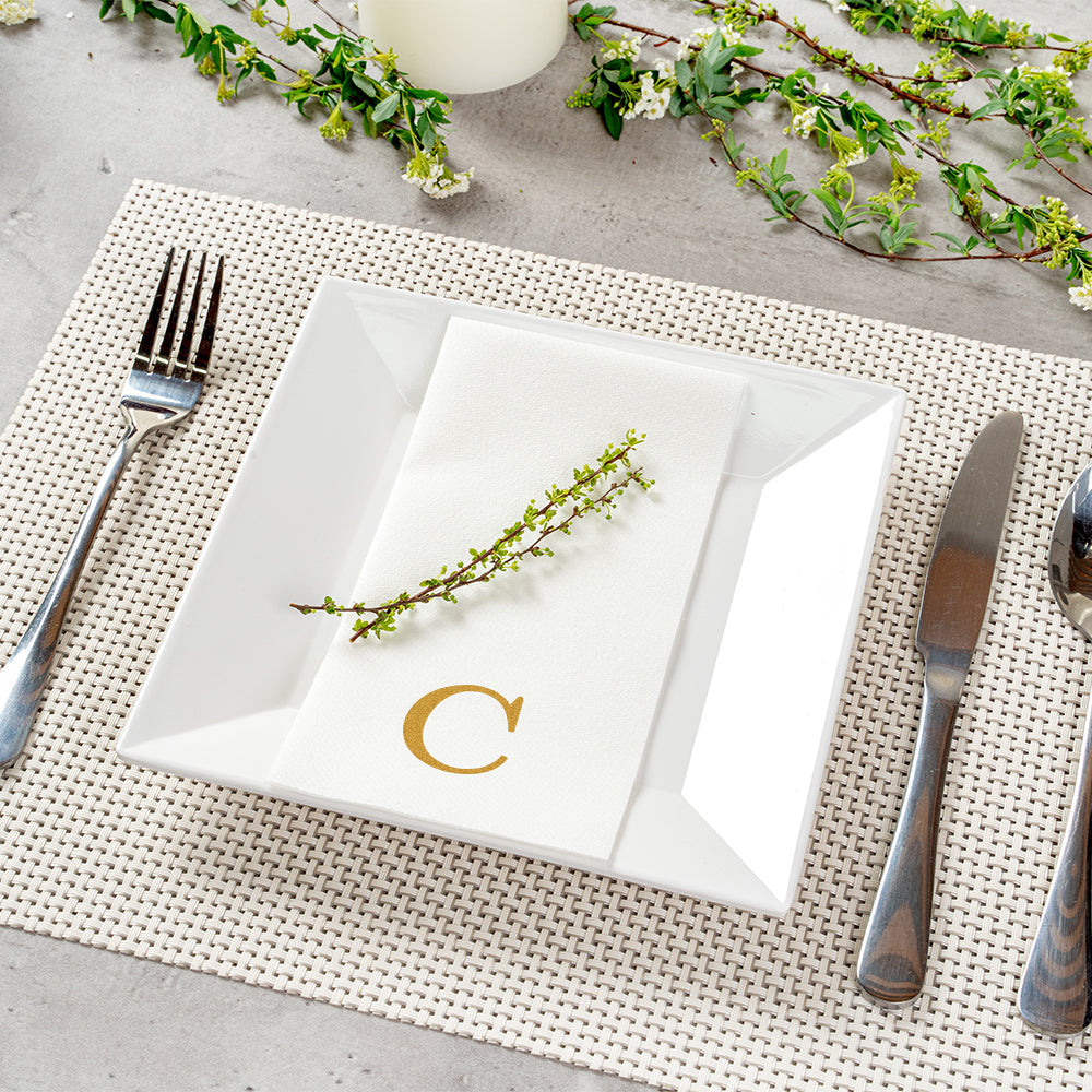 Luxenap Rectangle Gold Letter C White Paper Linen-Feel Guest Towel / Napkin - Air Laid, Sans Serif Font - 15 3/4" x 8" - 50 count box