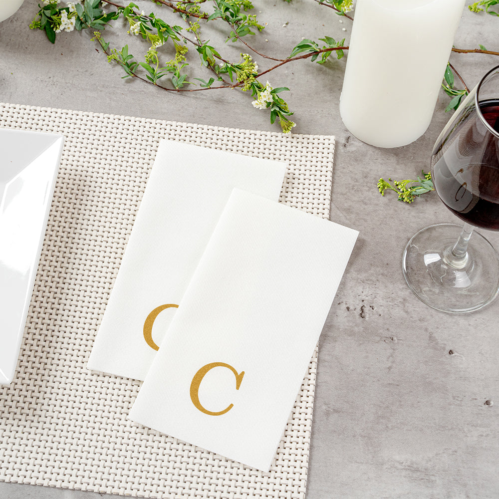 Luxenap Rectangle Gold Letter C White Paper Linen-Feel Guest Towel / Napkin - Air Laid, Sans Serif Font - 15 3/4" x 8" - 50 count box