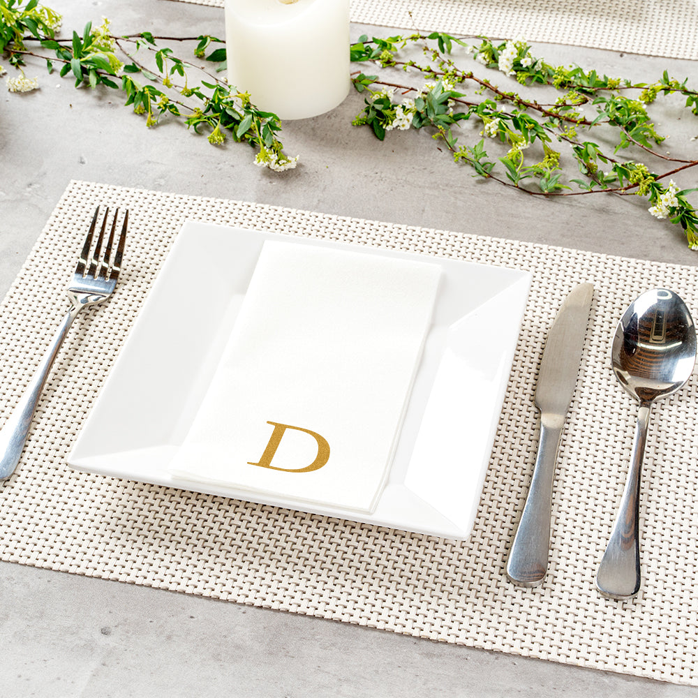 Luxenap Rectangle Gold Letter D White Paper Linen-Feel Guest Towel / Napkin - Air Laid, Sans Serif Font - 15 3/4" x 8" - 2000 count box