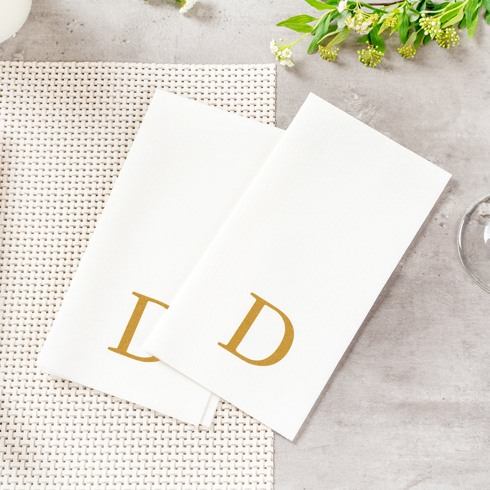 Luxenap Rectangle Gold Letter D White Paper Linen-Feel Guest Towel / Napkin - Air Laid, Sans Serif Font - 15 3/4" x 8" - 50 count box