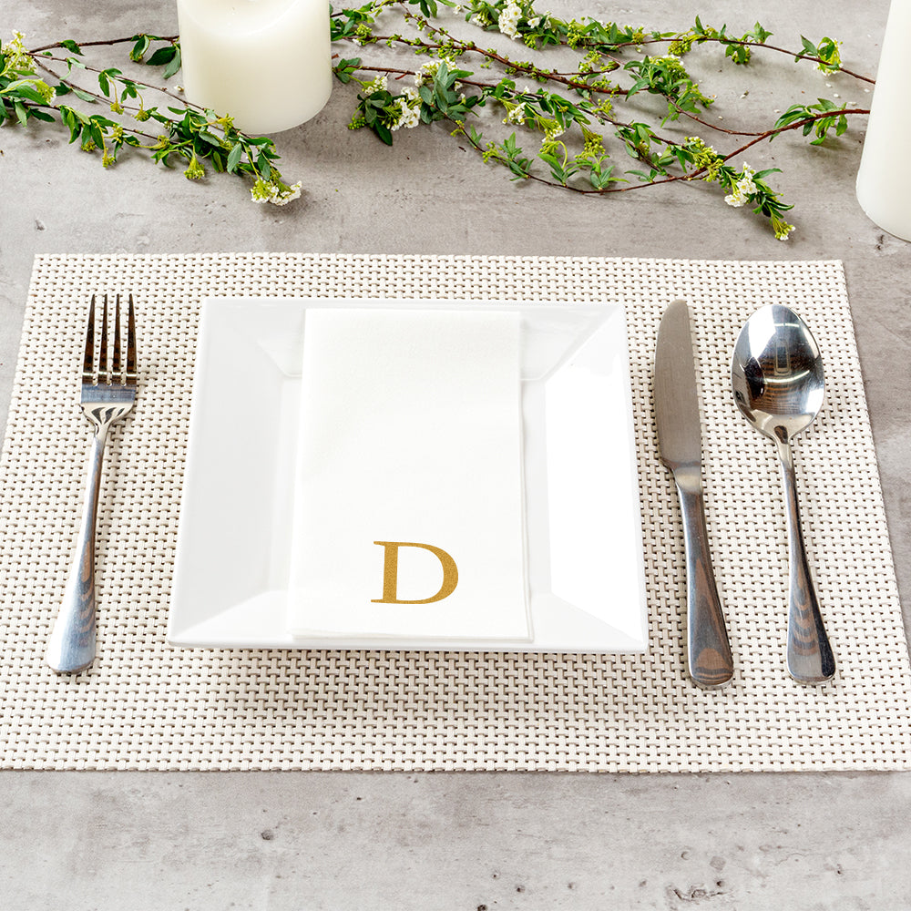 Luxenap Rectangle Gold Letter D White Paper Linen-Feel Guest Towel / Napkin - Air Laid, Sans Serif Font - 15 3/4" x 8" - 2000 count box