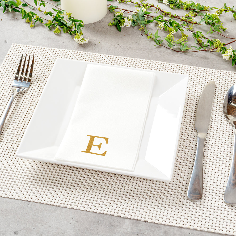 Luxenap Rectangle Gold Letter E White Paper Linen-Feel Guest Towel / Napkin - Air Laid, Sans Serif Font - 15 3/4" x 8" - 2000 count box