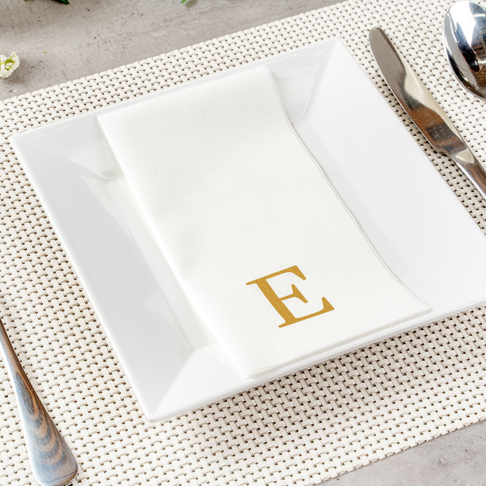 Luxenap Rectangle Gold Letter E White Paper Linen-Feel Guest Towel / Napkin - Air Laid, Sans Serif Font - 15 3/4" x 8" - 50 count box