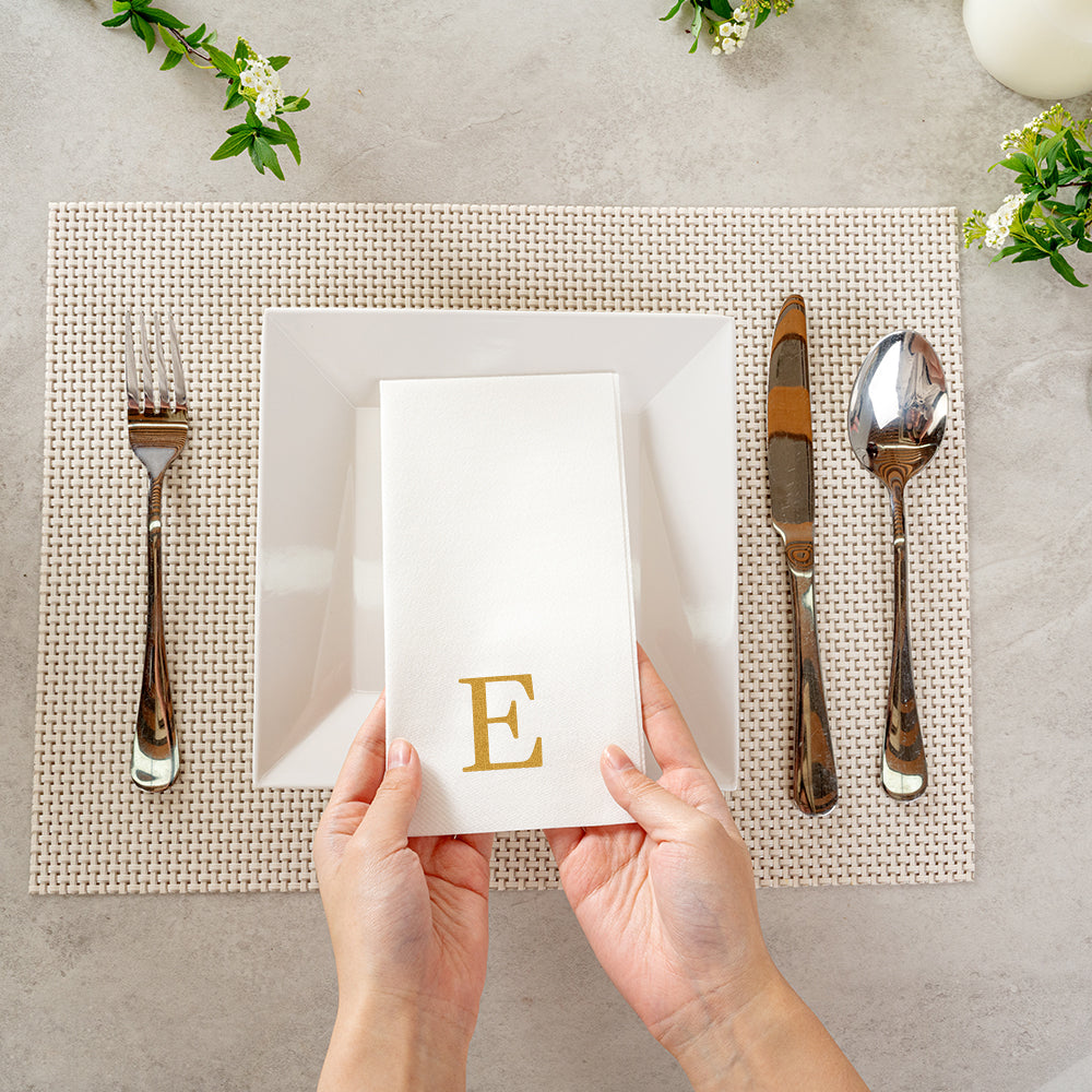 Luxenap Rectangle Gold Letter E White Paper Linen-Feel Guest Towel / Napkin - Air Laid, Sans Serif Font - 15 3/4" x 8" - 50 count box