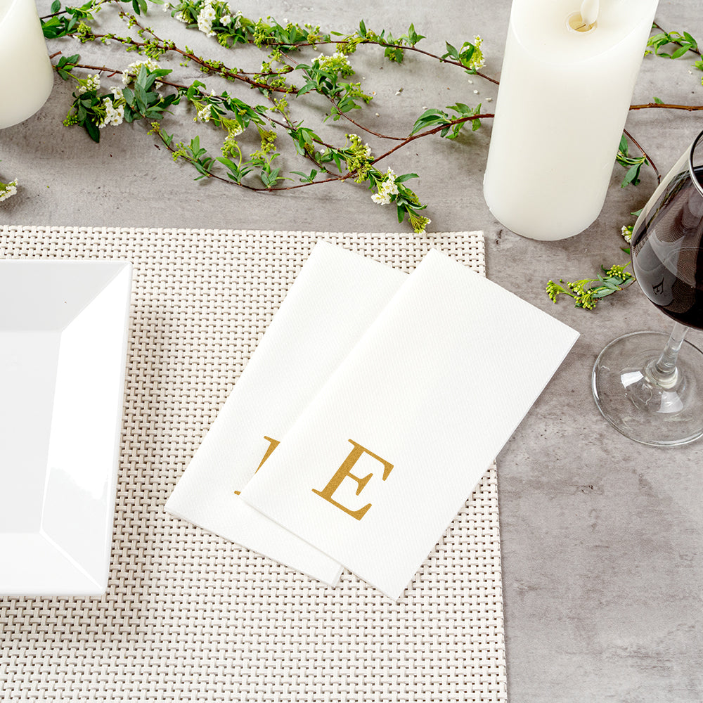 Luxenap Rectangle Gold Letter E White Paper Linen-Feel Guest Towel / Napkin - Air Laid, Sans Serif Font - 15 3/4" x 8" - 50 count box