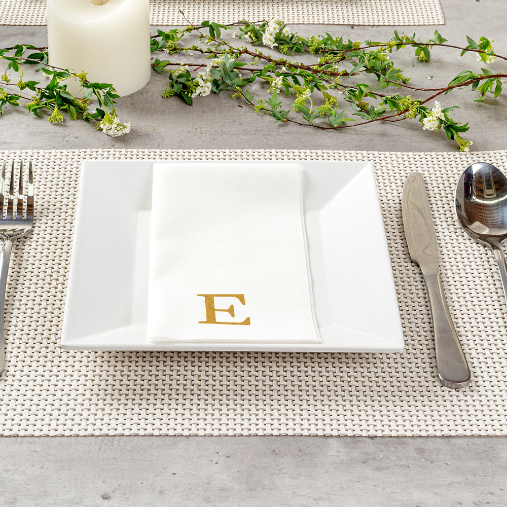 Luxenap Rectangle Gold Letter E White Paper Linen-Feel Guest Towel / Napkin - Air Laid, Sans Serif Font - 15 3/4" x 8" - 2000 count box