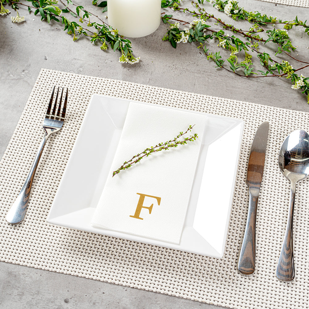 Luxenap Rectangle Gold Letter F White Paper Linen-Feel Guest Towel / Napkin - Air Laid, Sans Serif Font - 15 3/4" x 8" - 50 count box