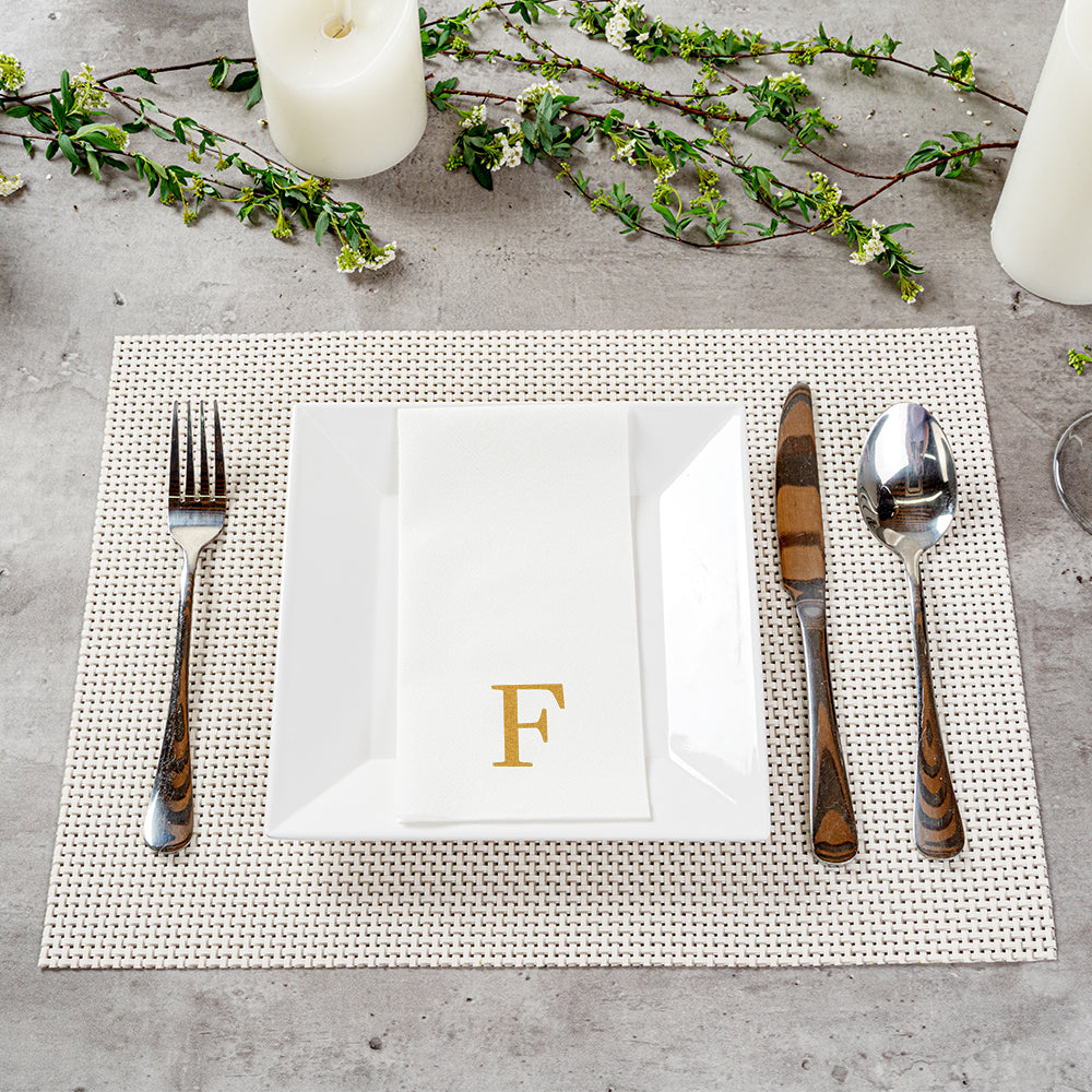 Luxenap Rectangle Gold Letter F White Paper Linen-Feel Guest Towel / Napkin - Air Laid, Sans Serif Font - 15 3/4" x 8" - 50 count box