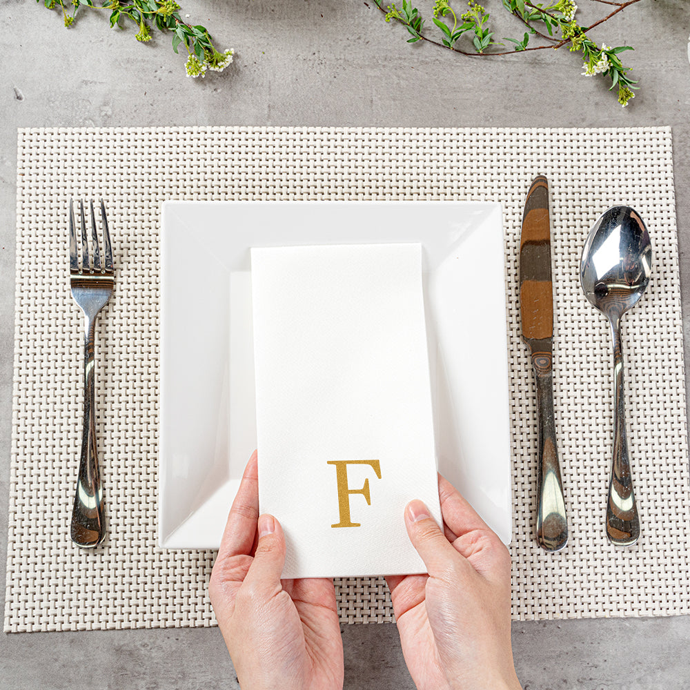 Luxenap Rectangle Gold Letter F White Paper Linen-Feel Guest Towel / Napkin - Air Laid, Sans Serif Font - 15 3/4" x 8" - 50 count box