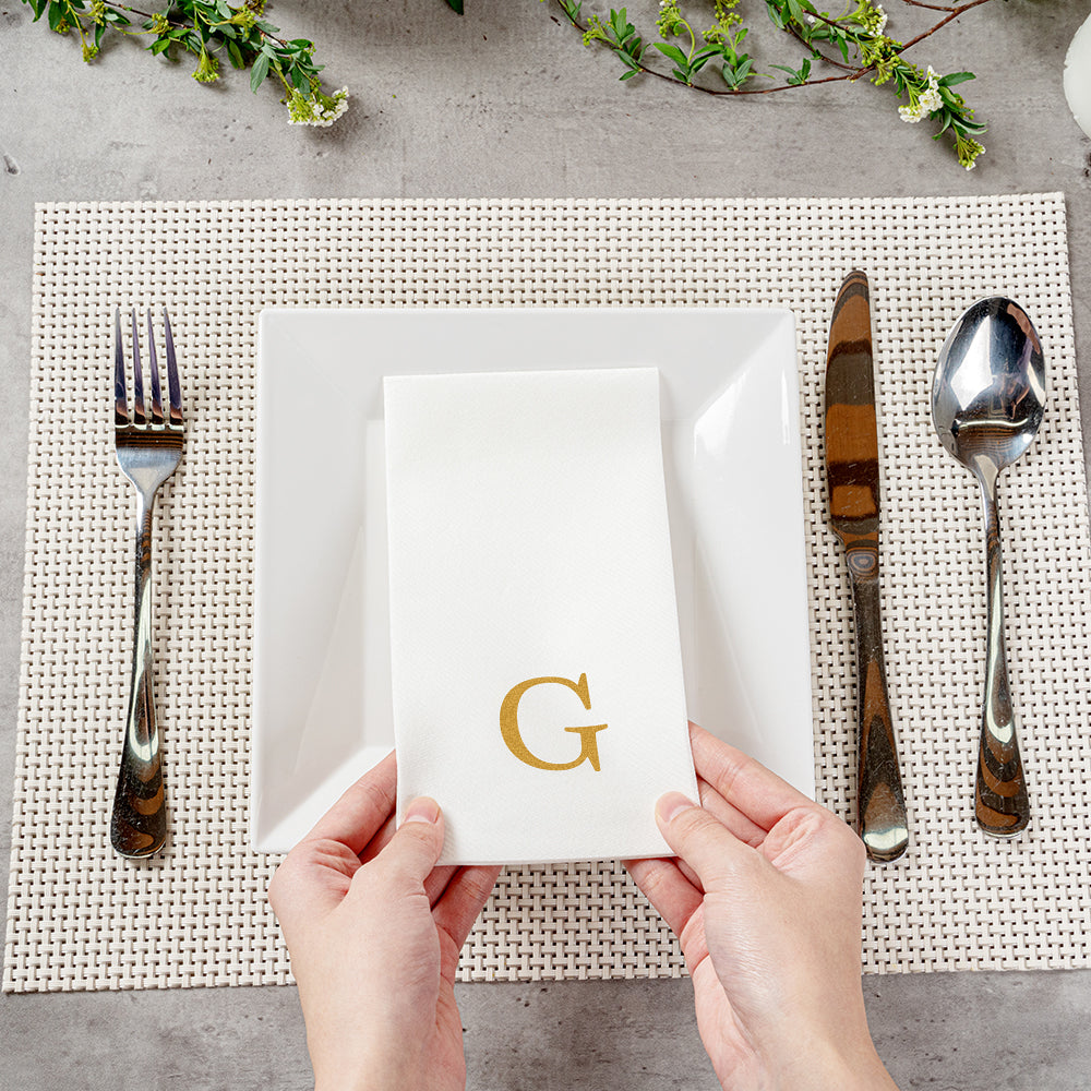 Luxenap Rectangle Gold Letter G White Paper Linen-Feel Guest Towel / Napkin - Air Laid, Sans Serif Font - 15 3/4" x 8" - 50 count box