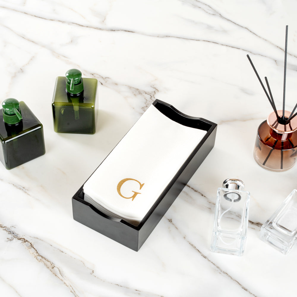Luxenap Rectangle Gold Letter G White Paper Linen-Feel Guest Towel / Napkin - Air Laid, Sans Serif Font - 15 3/4" x 8" - 50 count box