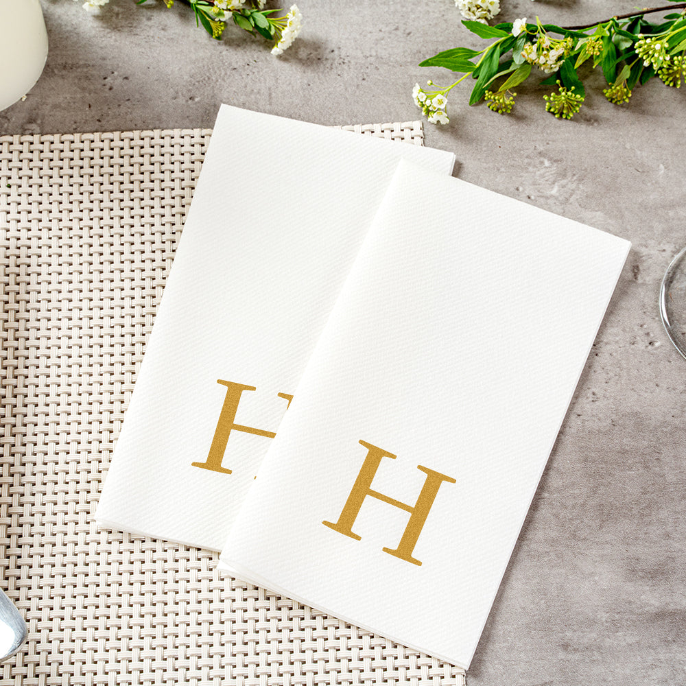 Luxenap Rectangle Gold Letter H White Paper Linen-Feel Guest Towel / Napkin - Air Laid, Sans Serif Font - 15 3/4" x 8" - 50 count box