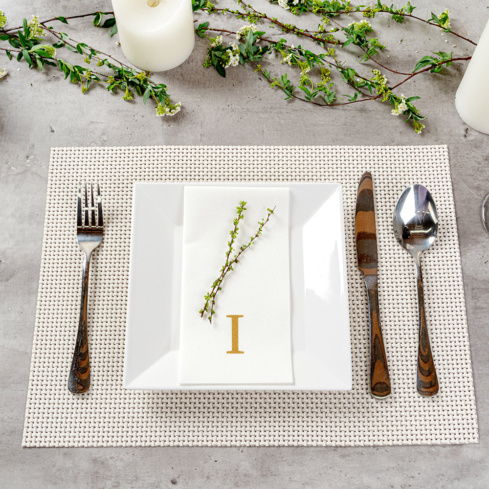 Luxenap Rectangle Gold Letter I White Paper Linen-Feel Guest Towel / Napkin - Air Laid, Sans Serif Font - 15 3/4" x 8" - 50 count box