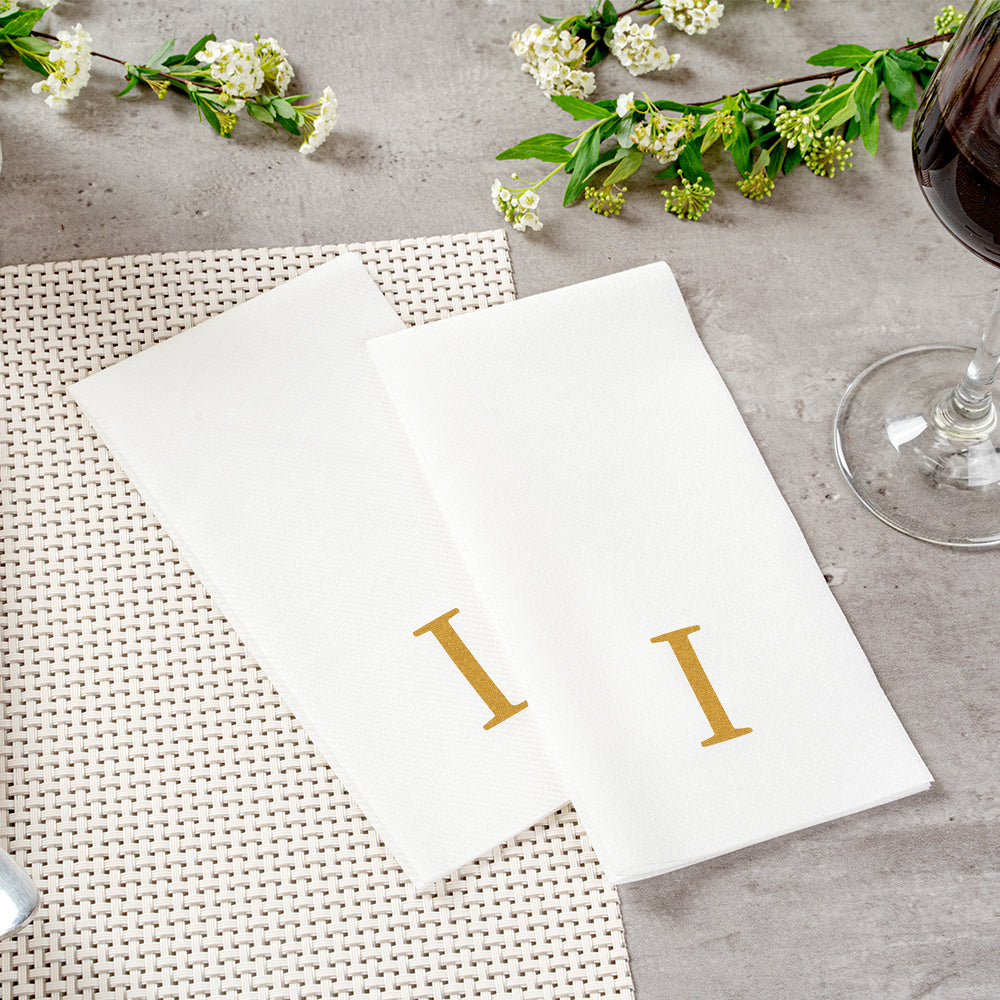 Luxenap Rectangle Gold Letter I White Paper Linen-Feel Guest Towel / Napkin - Air Laid, Sans Serif Font - 15 3/4" x 8" - 2000 count box