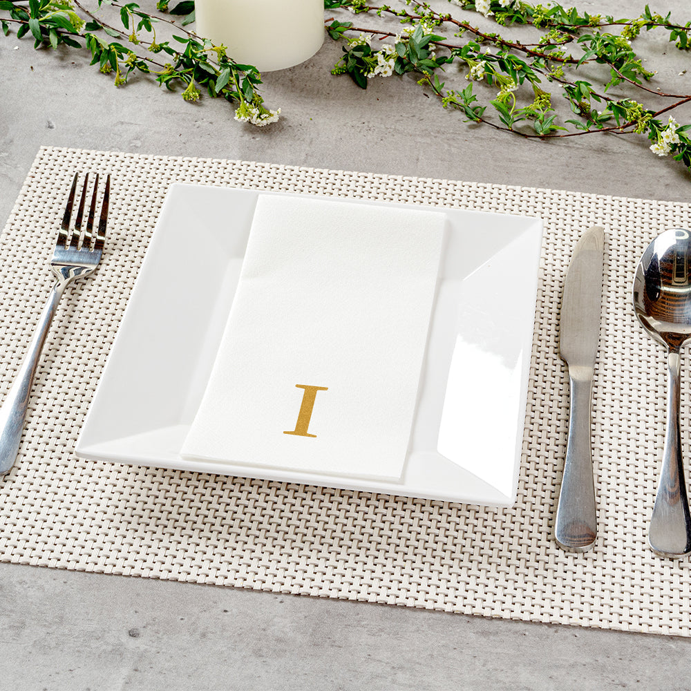 Luxenap Rectangle Gold Letter I White Paper Linen-Feel Guest Towel / Napkin - Air Laid, Sans Serif Font - 15 3/4" x 8" - 2000 count box