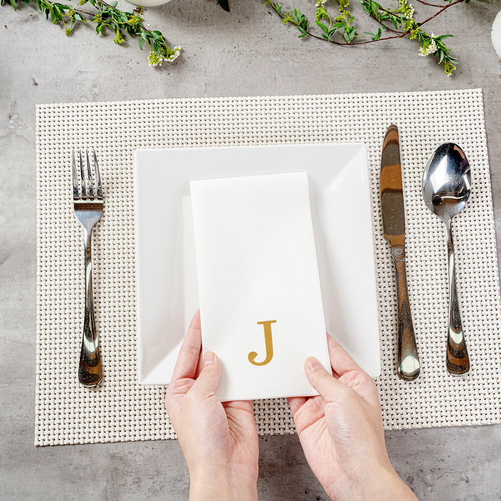 Luxenap Rectangle Gold Letter J White Paper Linen-Feel Guest Towel / Napkin - Air Laid, Sans Serif Font - 15 3/4" x 8" - 50 count box