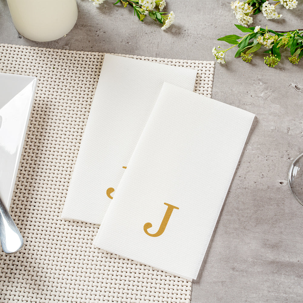 Luxenap Rectangle Gold Letter J White Paper Linen-Feel Guest Towel / Napkin - Air Laid, Sans Serif Font - 15 3/4" x 8" - 50 count box