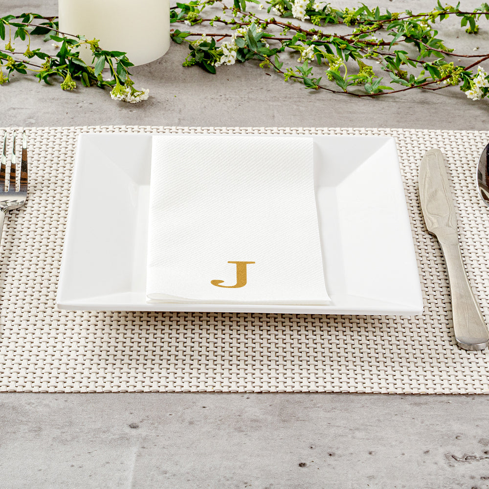 Luxenap Rectangle Gold Letter J White Paper Linen-Feel Guest Towel / Napkin - Air Laid, Sans Serif Font - 15 3/4" x 8" - 50 count box